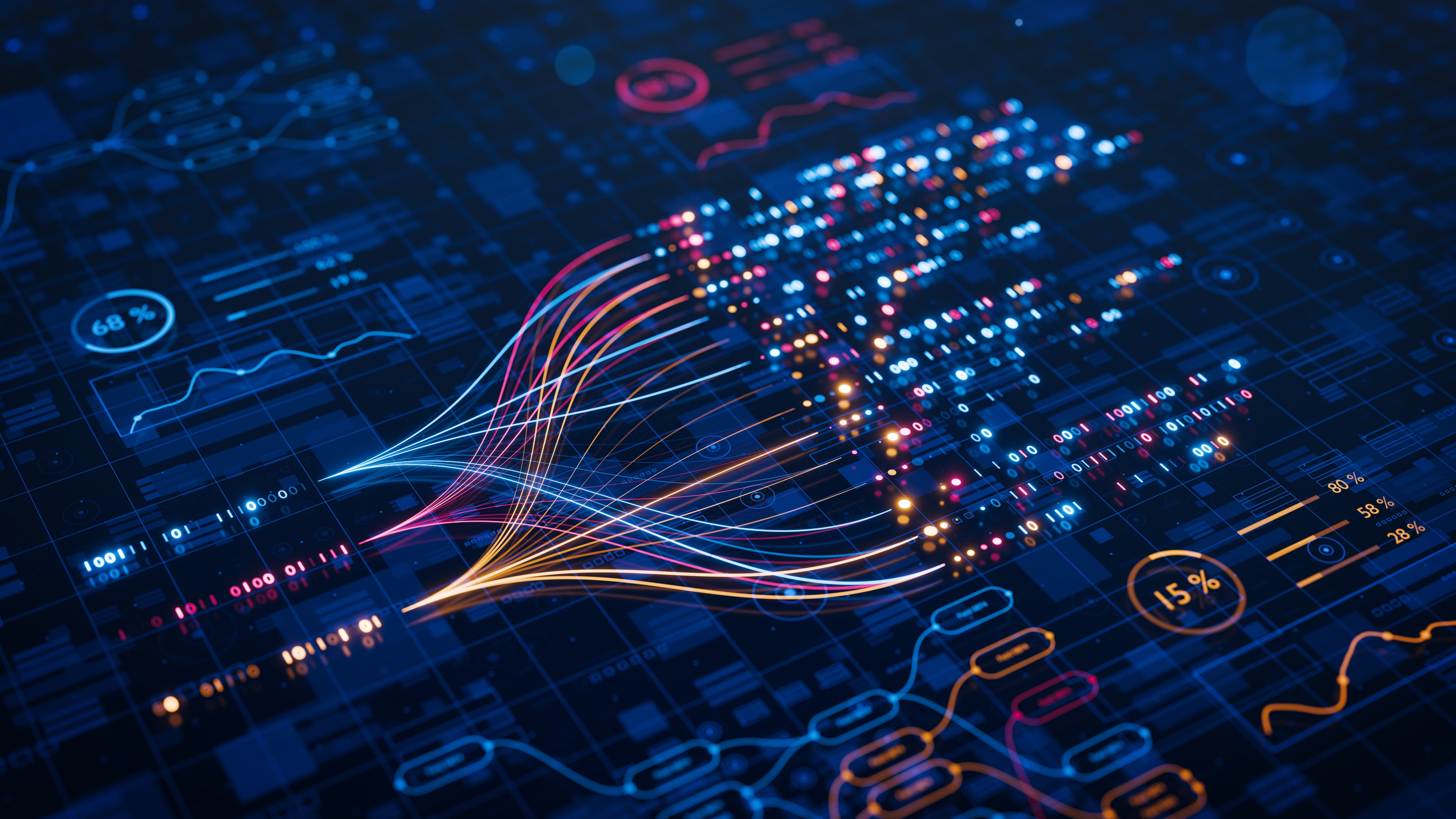 Abstract visualization of a neural network with glowing data streams representing AI-powered automation