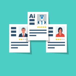 Graphic of resumes with one featuring an AI robot as the job