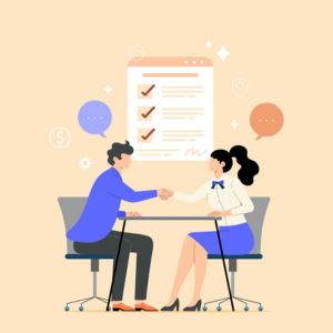 graphic depiction of two professionals shaking hands over a 