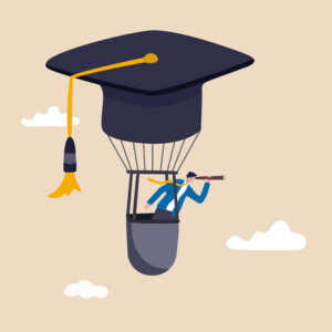 Graphic depiction of a new graduate in a hot air balloon loo