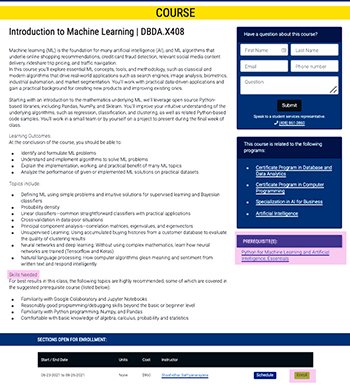 Screenshot of a Course page and the various sections where s