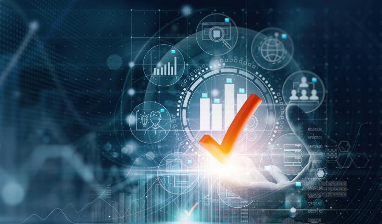 a series of business and clinical logos in a circle around  checkmark