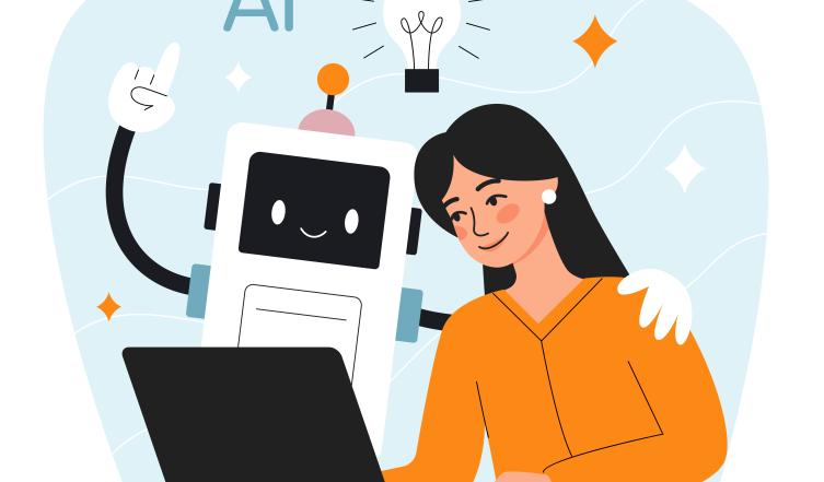 Cartoon of woman at a laptop with robot's hand on her shoulder and a lightbulb above them
