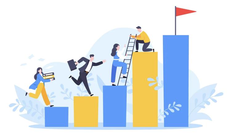 concept of professionals jumping from the top of a column to the next