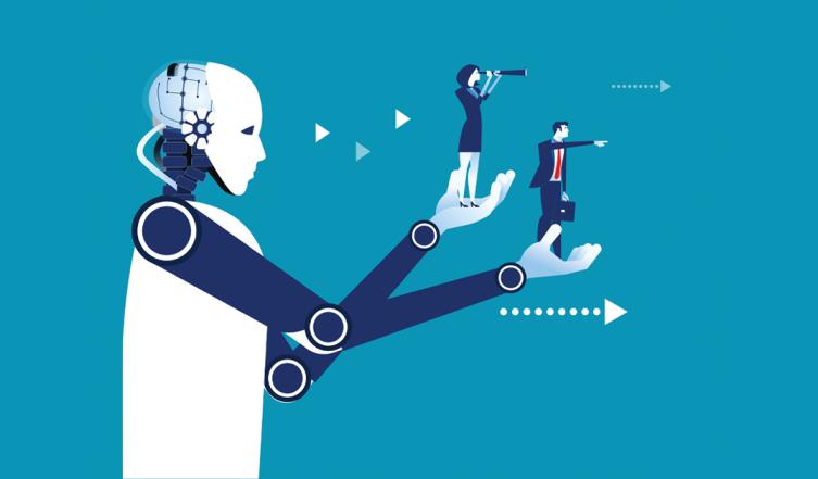 robot holding up two business people in its palms to give them a better vantage of the future.