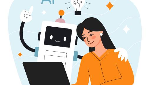 Cartoon of woman at a laptop with robot's hand on her shoulder and a lightbulb above them