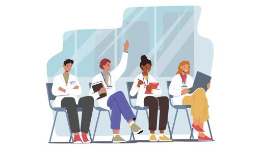 four young physicians sitting in chairs in a classroom