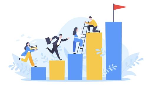 concept of professionals jumping from the top of a column to the next