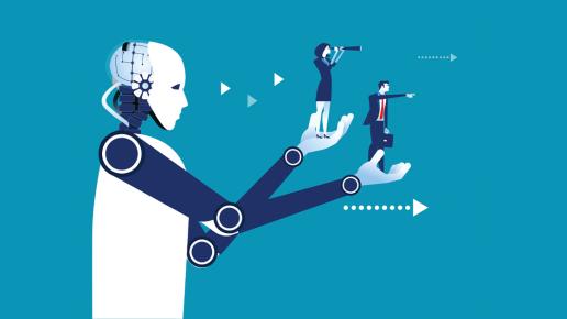 robot holding up two business people in its palms to give them a better vantage of the future.