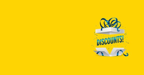 the word "discounts" is wrapped up in a fancy gift box on a yello background
