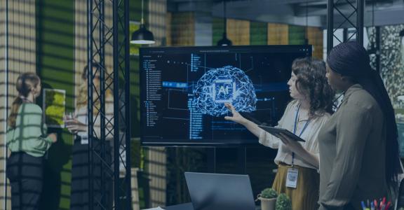 diverse team leveraging deep learning with big data algorithms, optimizing company performance with AI software and neural networks systems