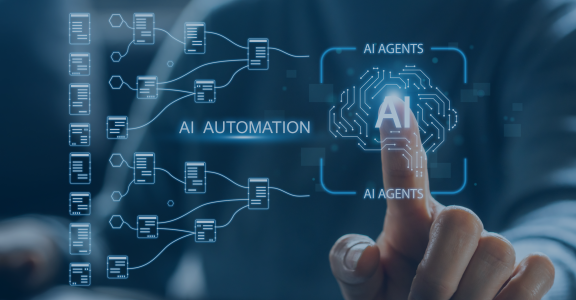 Person's hand touching AI Agents icon on holographic screen