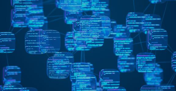 A network of intelligent nodes representing autonomous AI agents processing and writing programming code. 