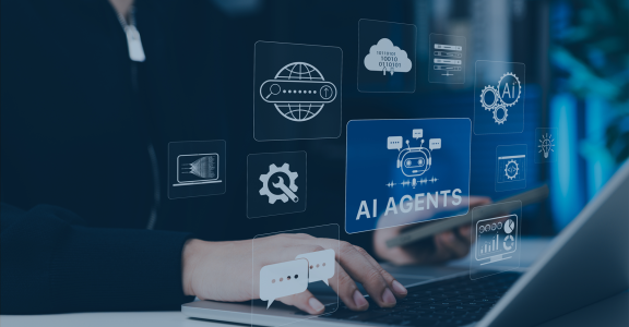 AI agent diagram overlay on person working on phone and laptop