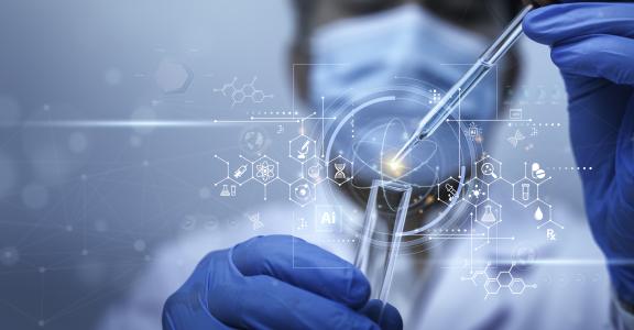 Scientist use ai technology, biotechnology for medical research and development of scientific lab.