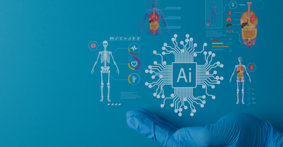 Banner image of gloved hand holding diagram overlay of human systems and AI