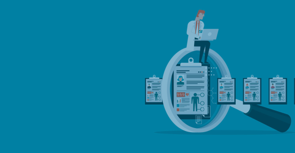 illustration of doctor on laptop sitting on magnify glass showing patient charts
