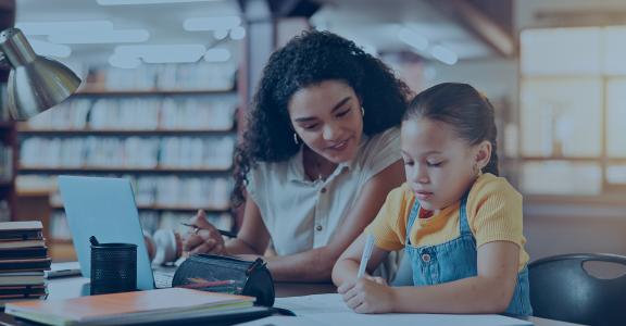 teacher wioth student writing at library with smile, notes and support for assessment, development or reading.