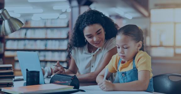 teacher with student writing at library with smile, notes and support for assessment, development or reading.