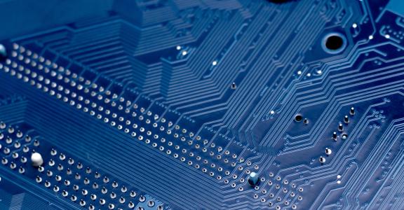 Closeup of a blue printed circuit board