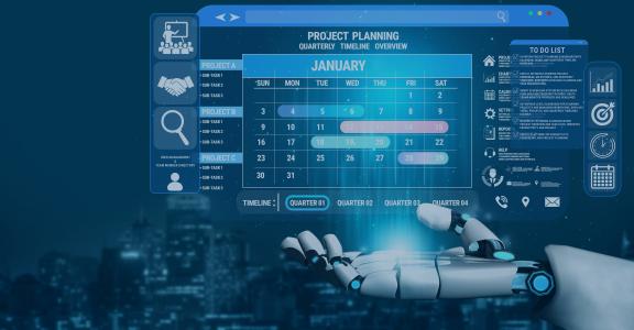 Futuristic Project Planning Interface with Robotic Hand Displaying Calendar and Data Analytics for January 2027 