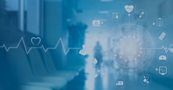 Medical icon network connection with modern virtual screen interface on hospital background, medicine technology network concept