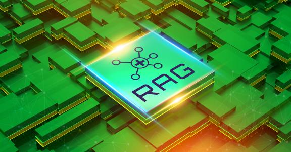 A glowing green processor with the letters: RAG, featuring a network icon with a plus symbol, represents the system's ability to enhance its knowledge by accessing external data. 