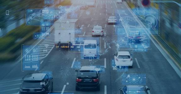 digital overlay over cars in four lanes of traffic