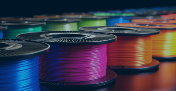 Colorful array of 3D printing filaments