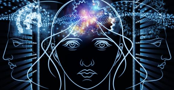 Composition of human head outlines, lights, numbers and abstract design elements as a concept metaphor for modern technology