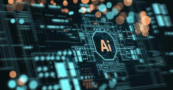 Illustration of AI board with the word AI in the center and abstract bokeh around it.