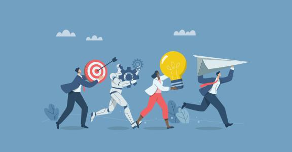 AI, Business team and robots running holding paper airplanes, light bulbs, gears, goals.