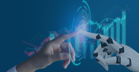 hand and robot hand touching finger to finger