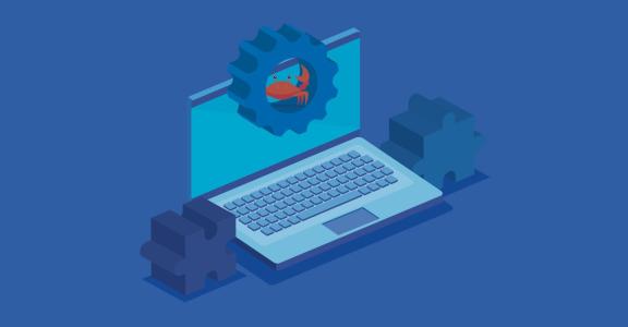 Laptop with crab in the middle of a widget and building bloc