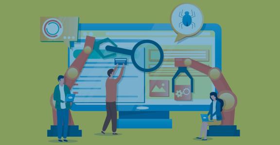 Illustration of webpage being inspected by people