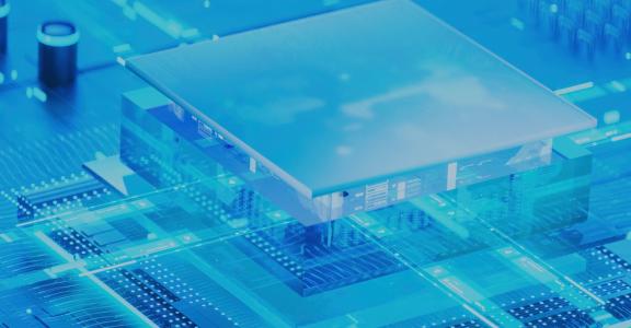 blue-toned graphic of 3-dimensional silicon chip and board