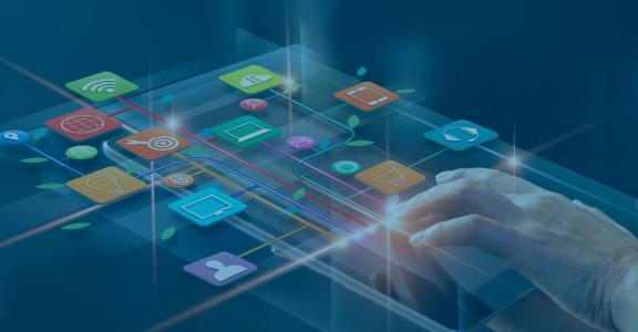 hand with 3d overlay of colorful icons