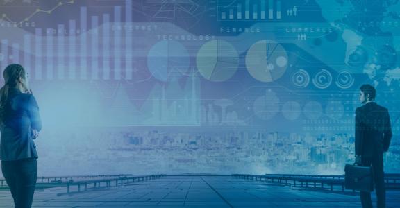 man and woman staring off into distance with color gradient