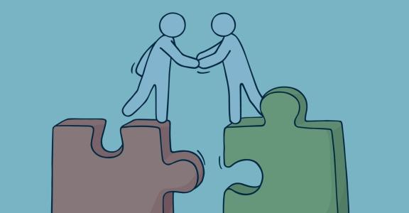 Illustration two people standing on read and green puzzle pi