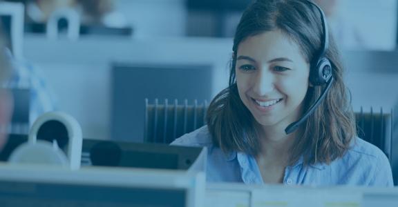 Woman with headset smiling