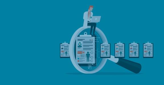 illustration of doctor on laptop sitting on magnify glass wi