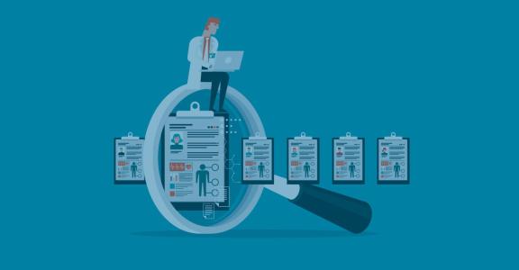illustration of doctor on laptop sitting on magnify glass wi