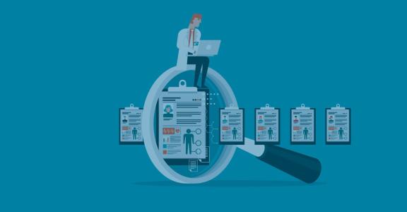 illustration of doctor on laptop sitting on magnify glass showing patient charts