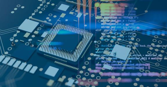 Colorful overlay over black and gold computer microchip