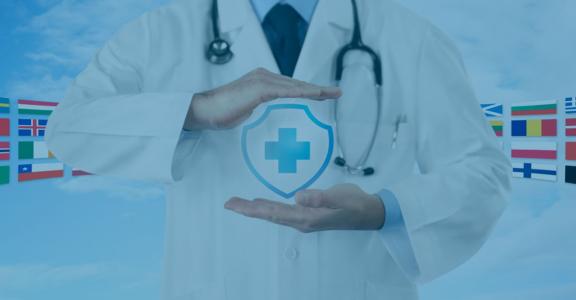Doctor with medical symbol international flags in background