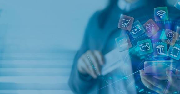 Woman holding phone with projection of 3d apps