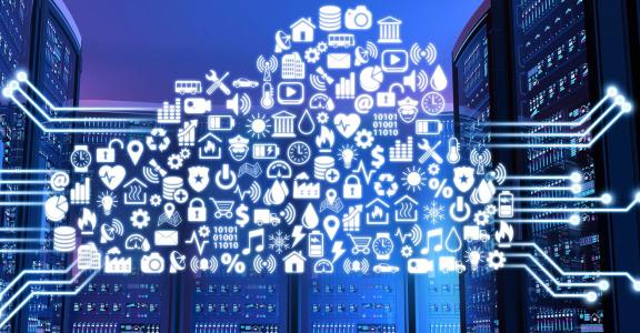 cloud of symbols in the air connecting buildings in a city
