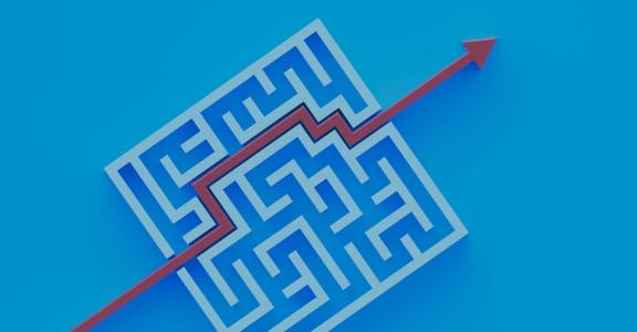 Red arrow navigating through illustration of a maze