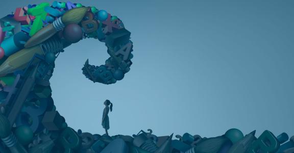 Illustration of girl standing in front of colorful wave made