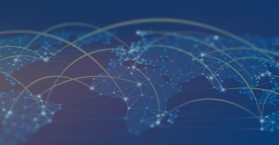 World map connecting different destinations with curved yell